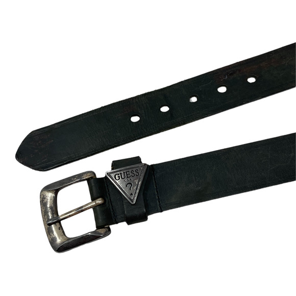 Vintage 90s Guess Black Leather Belt 36 Made in USA Triangle Logo Distressed - Picture 2 of 6